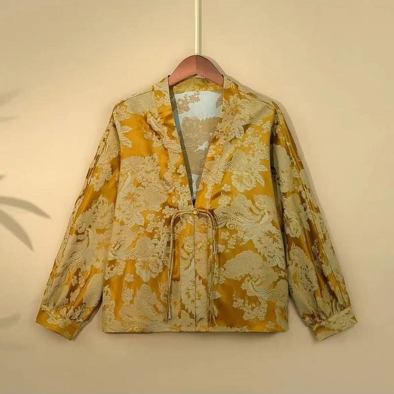 Product Introduction of 2024 Spring Summer New Chinese Style Women's Loose V-neck Jacquard Thin Cardigan Jacket 2