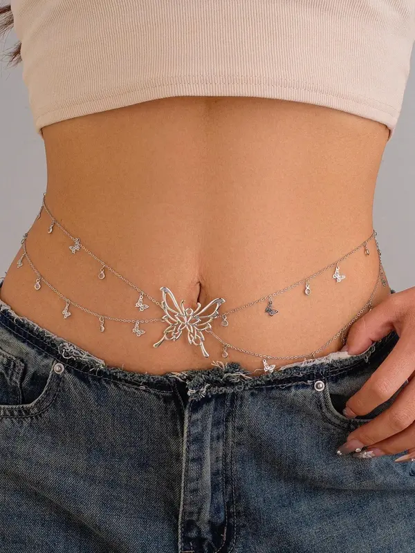 Women's Butterfly Design Layered Waist Chain, Fashionable Body Jewelry for Party, Daily Clothing Decor, Trendy All-match & Exquisite Jewelry for Birthday Gift 0