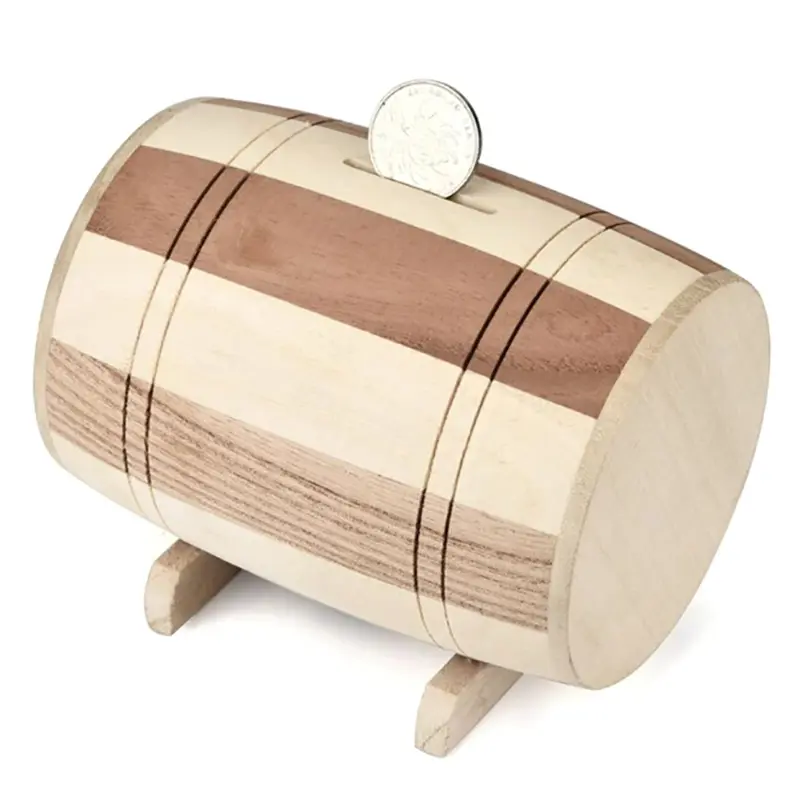 1pc Wooden Money Box Piggy Bank Money Box Savings Wine Barrel Wood Piggy Bank