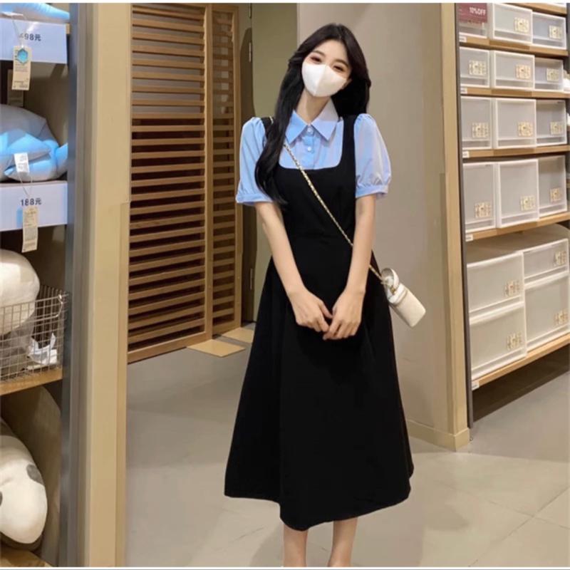 ￼Đầm váy đen sơ mi tay ngắn phối xanh biển công sở nữ tính thanh lịch 0