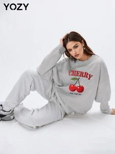 YOZY Women's Cherry & Letter Print Drop Shoulder Sweatshirt, Casual Long Sleeve Round Neck Pullover for Fall & Winter, Ladies Clothes for Daily Wear