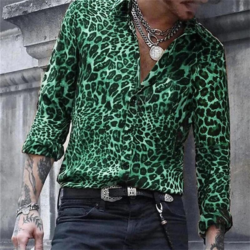 Product Introduction of Hot selling fashion luxury leopard print men's shirt single breasted printed long sleeved men's street Hawaiian top Plus size Collared Casual Collar 1