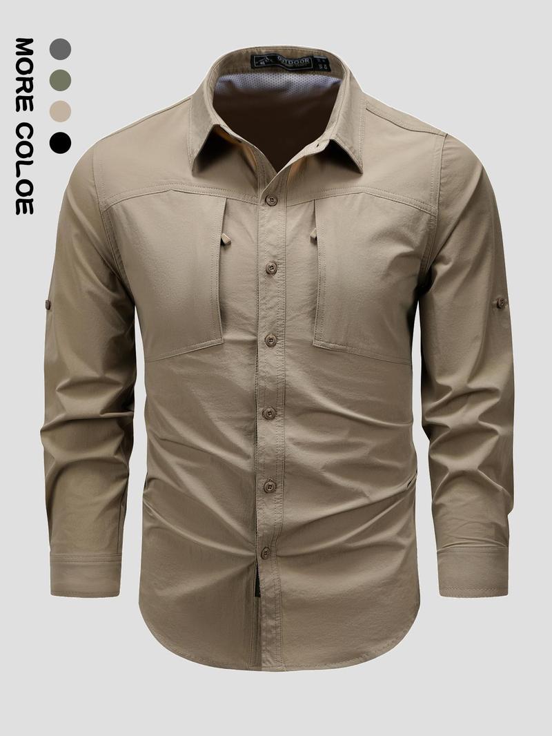 Product Introduction of Men's Solid Long Sleeve Button Up Shirt, Regular Fit Casual Quick Drying Breathable Sports Top for Outdoor Activities, Men's Clothes for All Seasons, Menswear 3