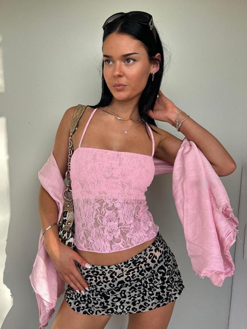 Product Introduction of Women's Plain Criss Cross Tie Back Sheer Lace Crop Cami Top, Y2k Fashion Casual Spaghetti Strap Backless Top for Daily Outdoor Wear, Women Clothing for Fall & Winter Valentine's Day, gift 1