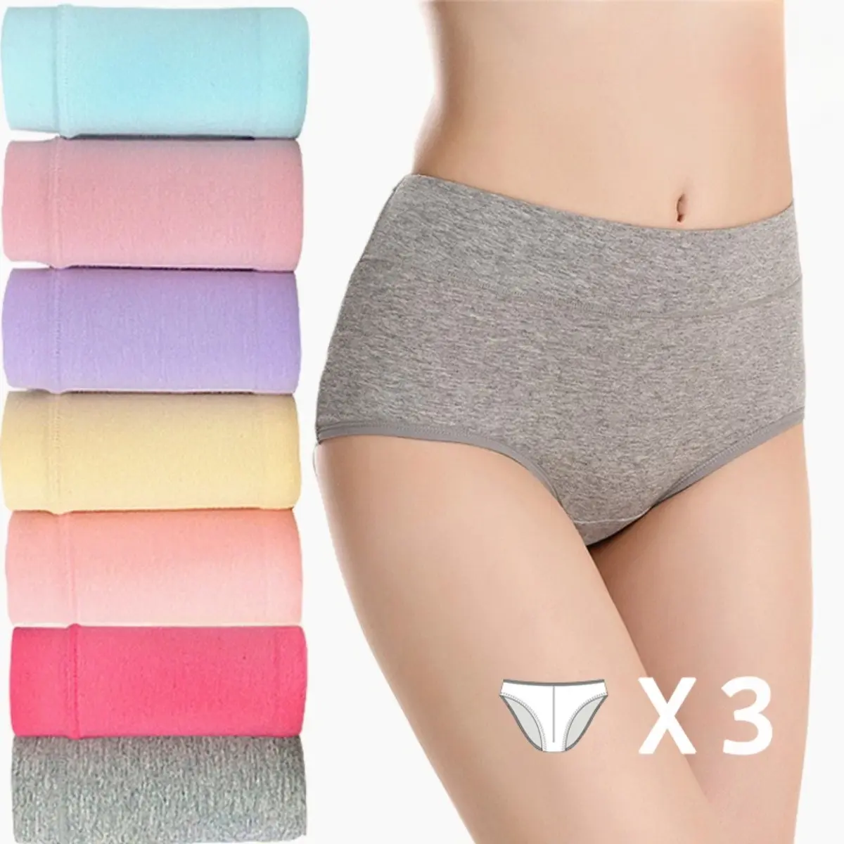 Seluar Dalam Wanita, Seluar Dalam Kapas, Pinggang Sederhana, Saiz Besar, Kawalan Perut, Rekaan Elastik, Seluar Dalam Wanita, Set 3PCS