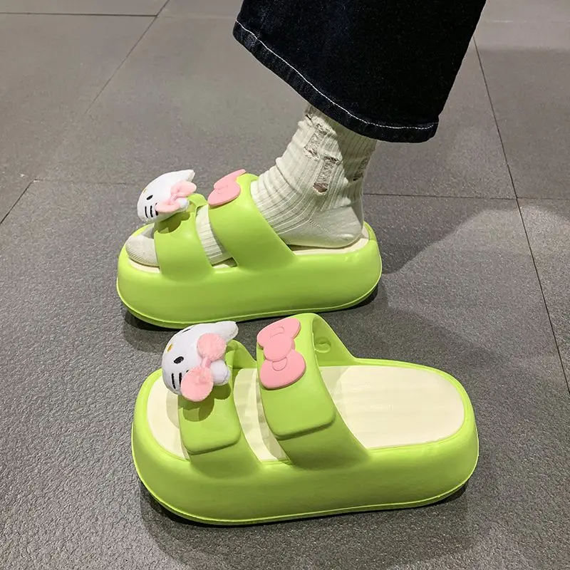 Cute Hello Kitty Slippers Women's Outdoor Wear 2024 Summer Ins Non-Slip Net Red Beach Platform Muffin Slippers