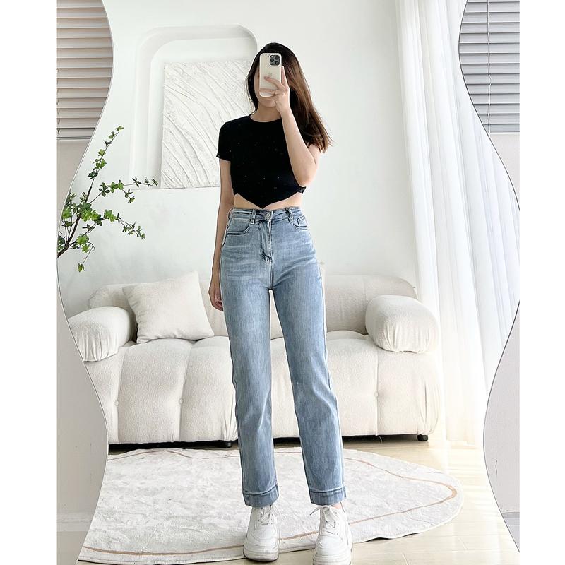 Quần Jean Ống Đứng GẤP LAI Co Dãn - Quần Bò Nữ Nấm Lùn Form Đứng Cạp Cao Leda