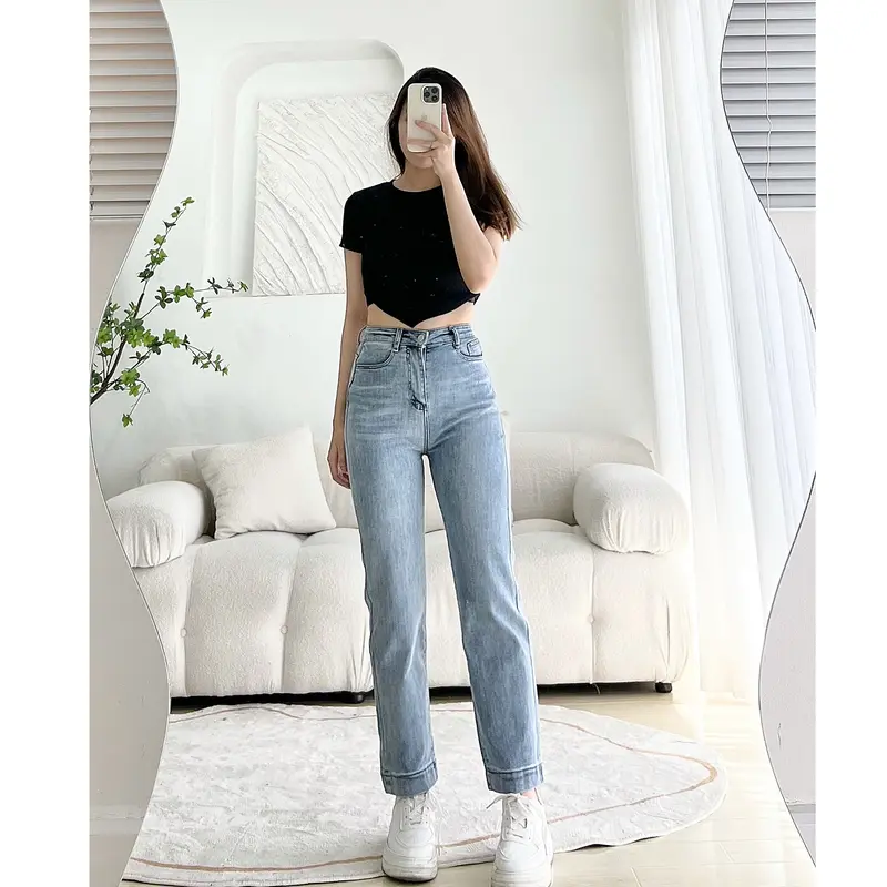 Quần Jean Ống Đứng GẤP LAI Co Dãn - Quần Bò Nữ Nấm Lùn Form Đứng Cạp Cao Leda 0
