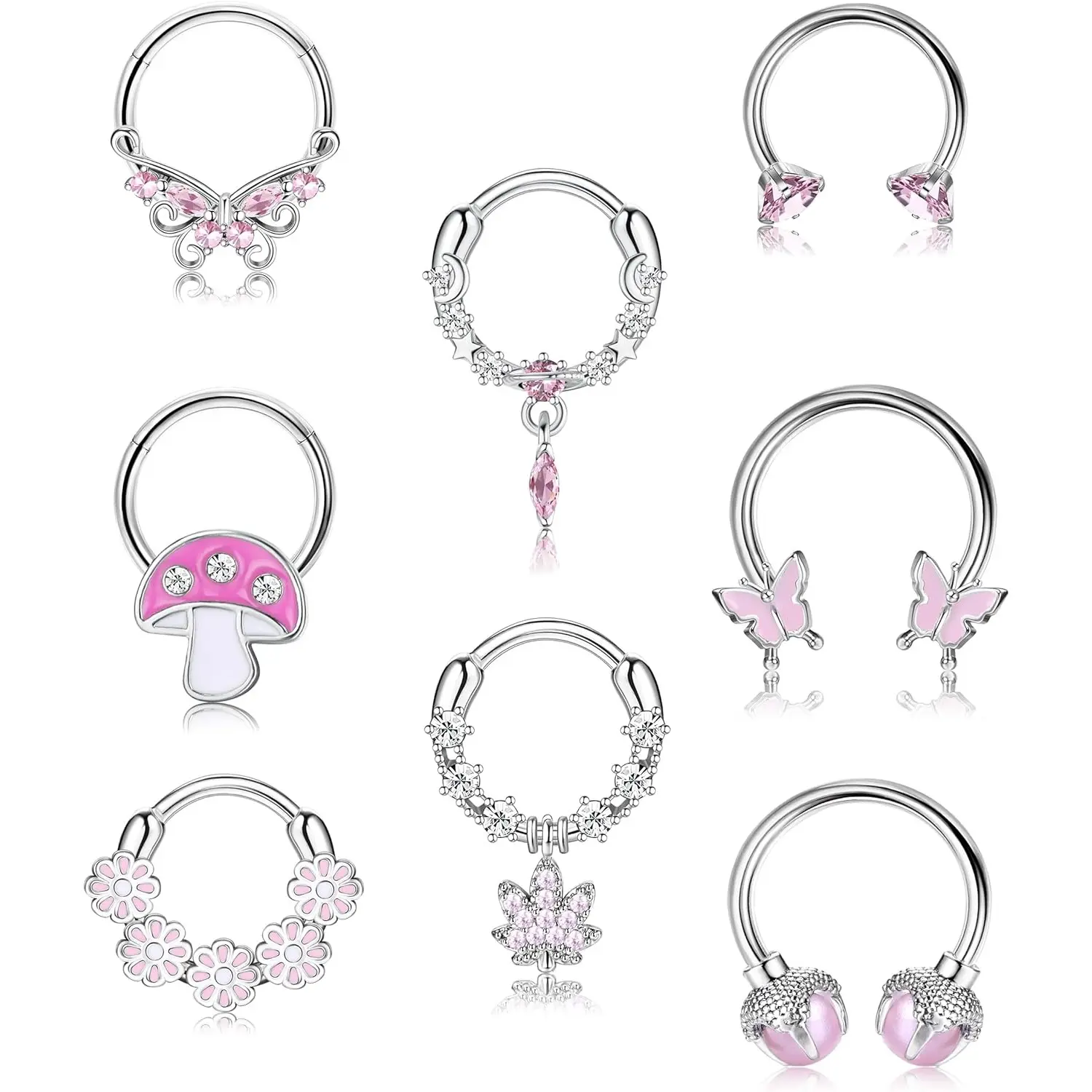DIAMDAY Septum Rings 16G Septum Jewelry 16 Gauge Surgical Stainless Steel Septum Nose Rings for Women Pink Septum Piercing Septum Clicker Septum Horseshoe Rings Butterfly Septum Piercing Jewelry