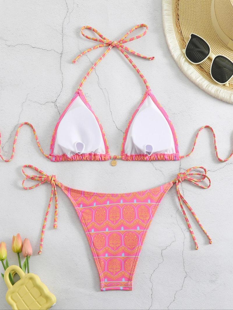 Product Introduction of Two-Piece Set Women's Ethnic Pattern Bikini Set, Boho Halter Triangle Swim Bra & Tie Side Swim Bottom, Ladies Summer Swimwear for Beach Holiday Vacation 2