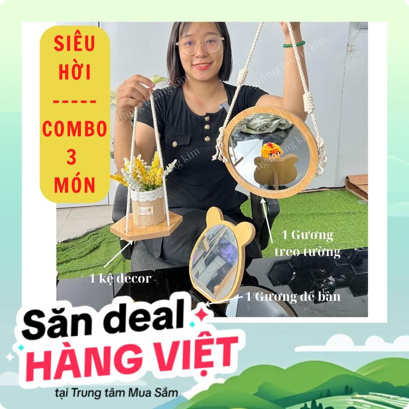 Combo 3 món Trang Trí Nhà , Gương trang điểm treo tường, gương tròn viền gỗ Decor dây thừng, 1 gương treo 25cm, 1 gương gấu để bàn, 1 kệ decor mẫu mới. Decor Phòng Trang Trí