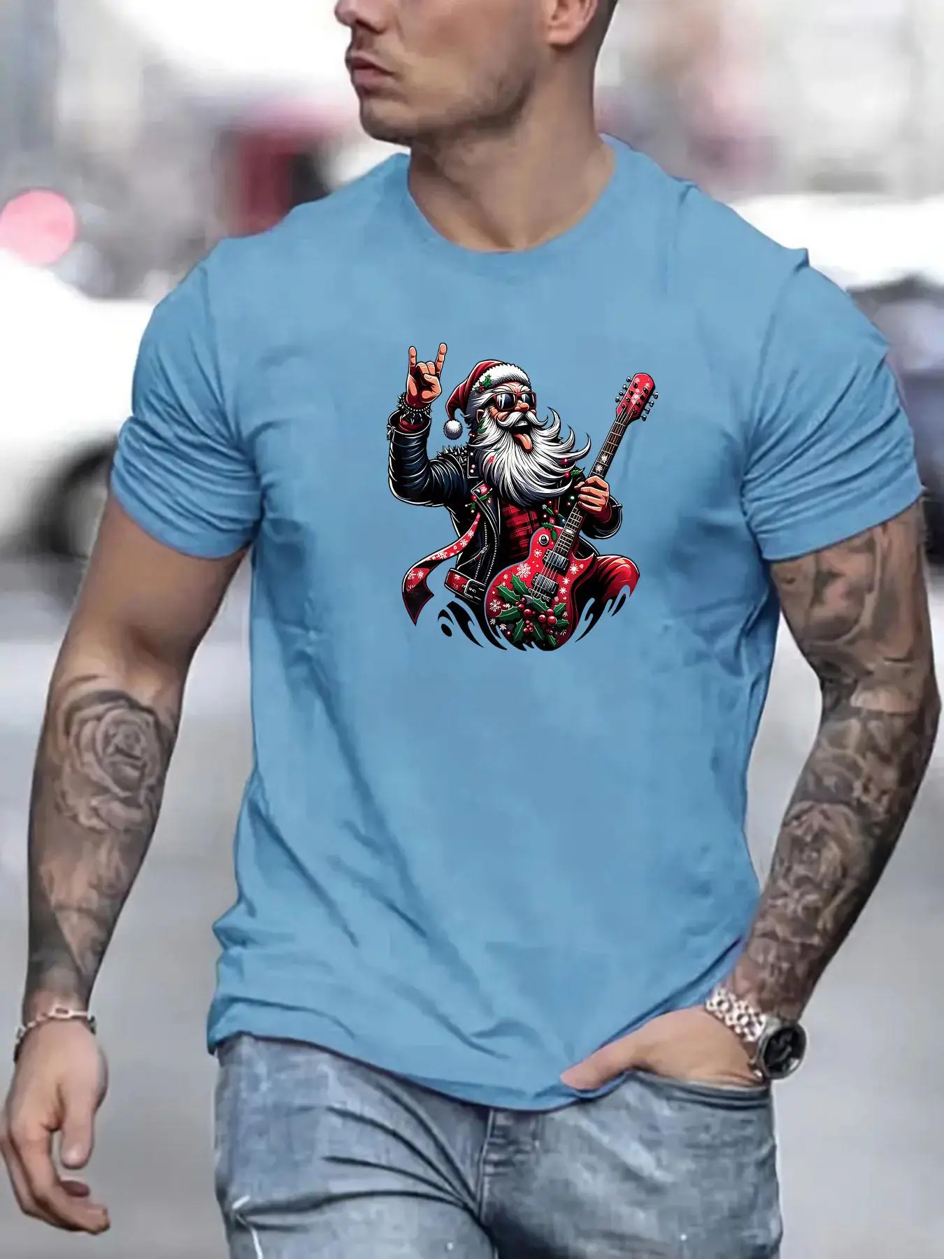 Men's Cartoon Santa Claus Print Round Neck Tee, Regular Fit Casual Short Sleeve T-shirt for Summer, Men's Top for Daily Wear
