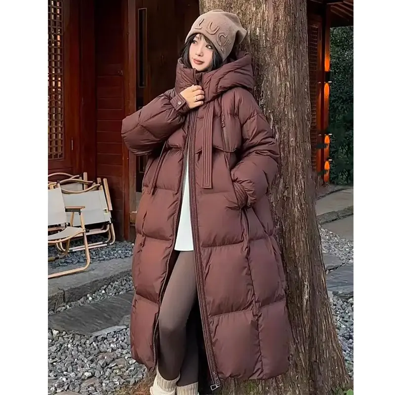 Korean Style High Quality Large Quilt Thickened  New Winter Loose down Jacket Women's Long below the Knee Cotton Jacket Womenswear Coats Tops Outerwear Comfort Basic Brown Casual Hoodie Minimalist