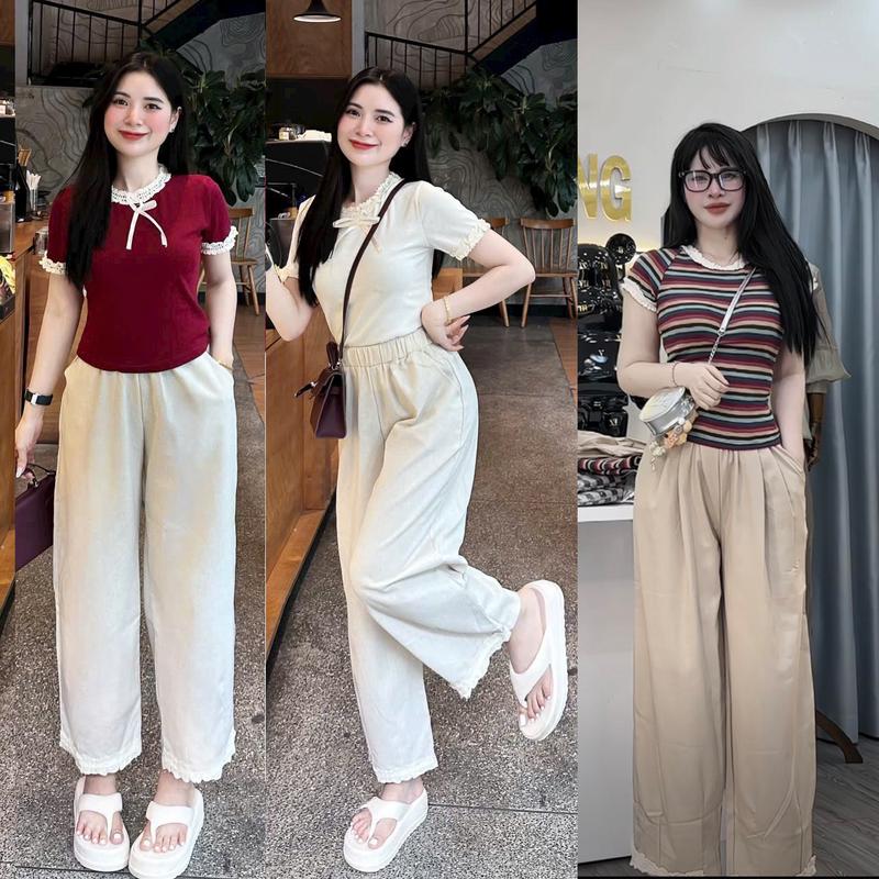 Set áo cổ tròn ren viền cổ quần dài phối gấu áo chất liệu len dêth kim 3D quần chất đũi mềm 3 màu đỏ hồng kẻ đỏ by Thời trang news store Nữ