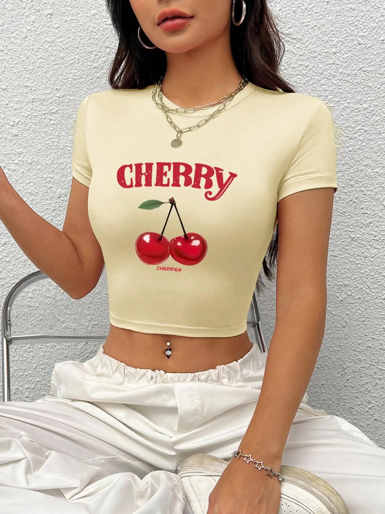 Women's Cherry & Letter Print Round Neck Crop Tee, Casual Slim-fitting Short Sleeve T-shirt, Ladies Summer Clothes for Daily Wear