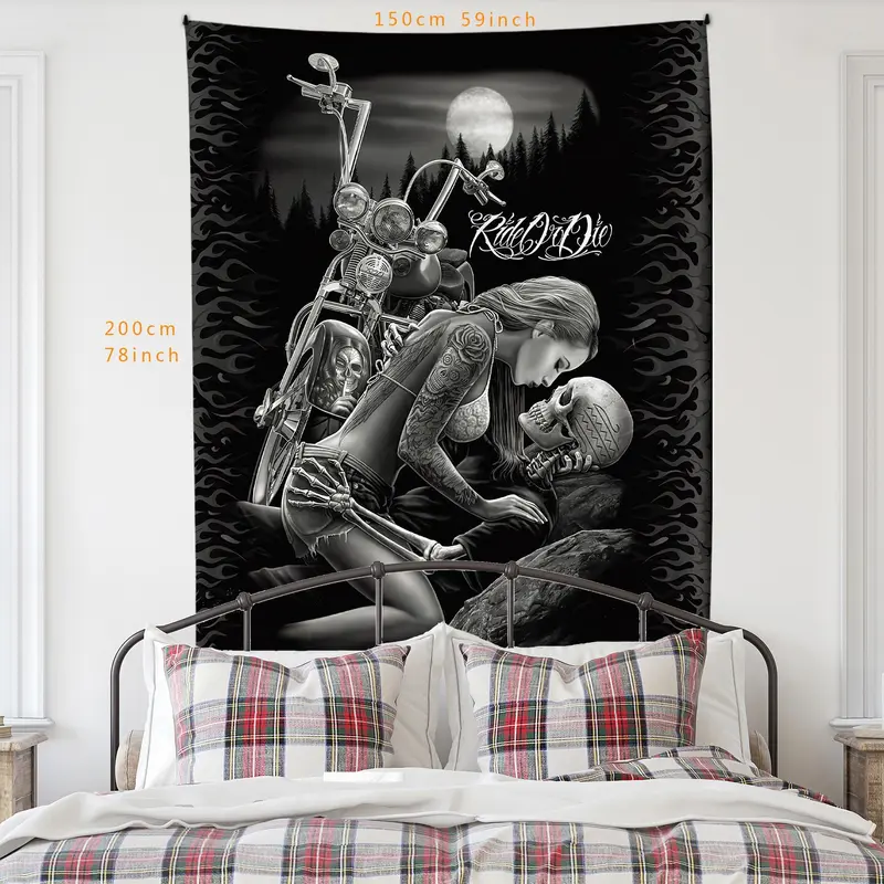 Halloween Motorcycle & Couple Pattern Tapestry, Halloween Decor Gothic Style Wall Hanging, Wall Decor for Home Living Room Bedroom Office Dormitory, Valentine's Day Gift Idea 3