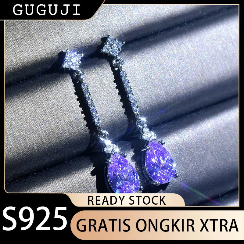 GUGUJI Aksesori Perhiasan Dihiasi Dengan Amethyst Alami Imitasi Anting Bentuk Tetes Bentuk Pir Anting Zircon Super Berkilau S925