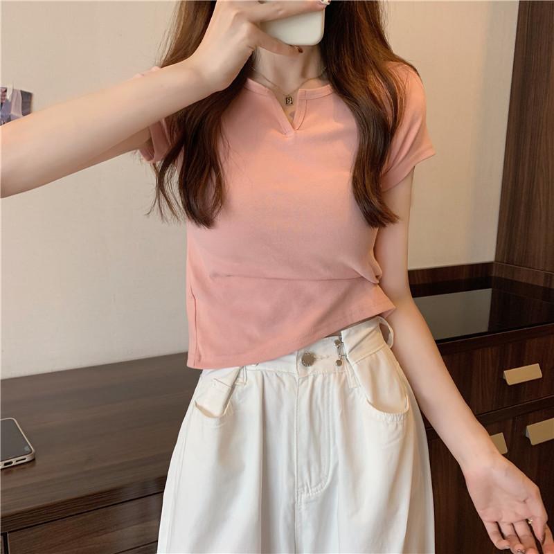 Product Introduction of Summer slim fit crop top spicy girl outfit T-shirt short sleeved plain color, comfortable and breathable, paired with jeans 12
