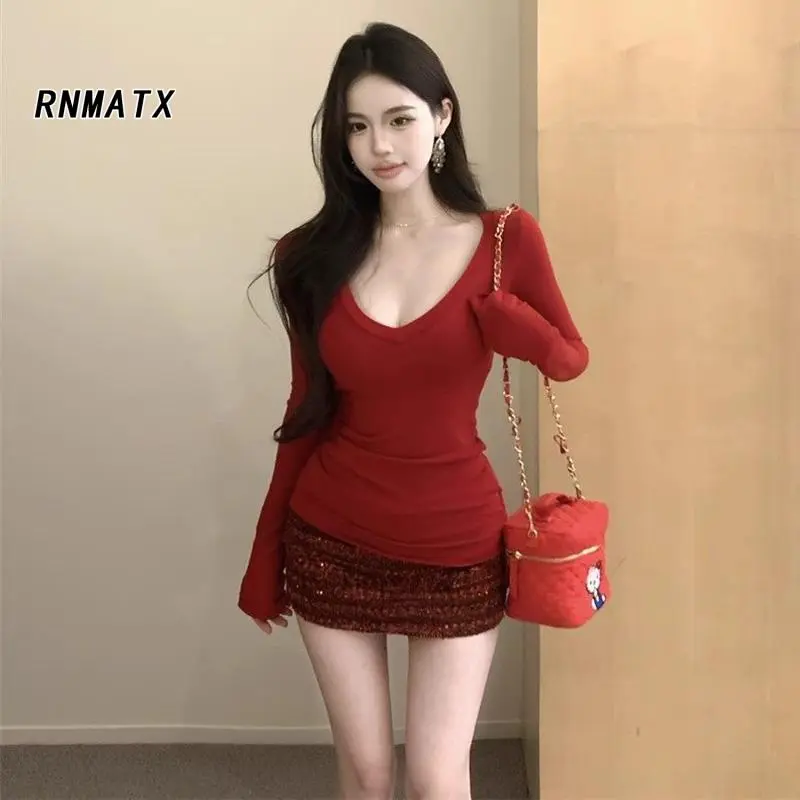 Áo Dài Tay Cổ Chữ V Xu Hướng TikTok Cho Nữ, Màu Trơn Co Giãn, Áo Lót, Hoàn Hảo Cho Thời Trang Đường Phố Thường Ngày Và Áo Mặc Trong, Thời Trang, Phải Có Trong Tủ Quần Áo, Ưu Đãi Đặc Biệt Trong Thời Gian Có Hạn