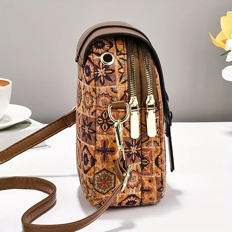 Women'S Stylish Geometric Print Shoulder Bag - Brown with Vibrant Floral & Star Design, Zipper Closure, Lightweight, Large Capacity, Perfect for Casual & Formal Occasions, Casual Shoulder Bag | Vibrant Print Bag | Durable Zipper Closure, La 4