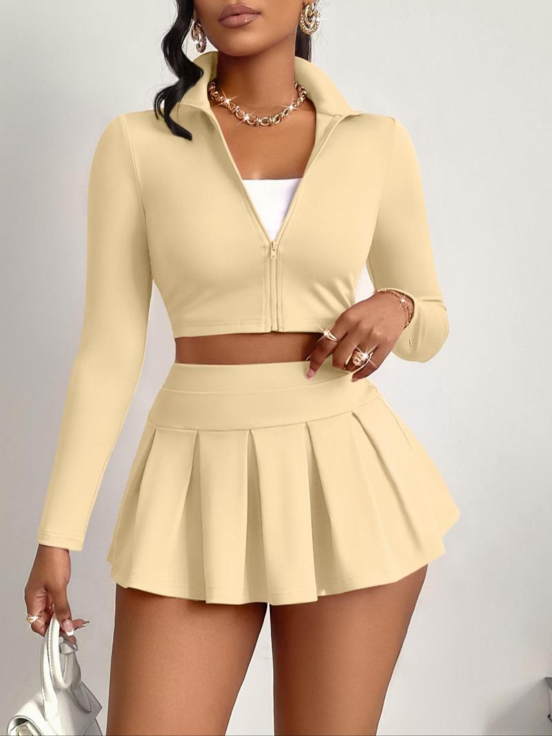 Product Introduction of Women's Solid Zip Up Crop Jacket & High Waist Skirt Two-piece Set, Casual Fashion Cozy Two Piece Outfits for Daily Outdoor Wear, Women Clothes for Spring Fall 7