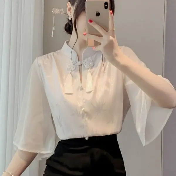 Áo Cánh Phong Cách Trung Quốc Dành Cho Phụ Nữ, Dáng Rộng Vừa Vặn, ngắn Tay Áo, Áo Sơ Mi Trắng, Ngoại Cỡ, Thời Trang, Thanh Lịch, Áo Cổ Điển 2
