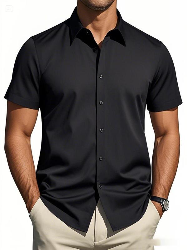 Men's Regular Fit Solid Short Sleeve Shirt, Casual Button Down Collared Top for Summer, Fashion Men's Clothes for Daily Wear 5