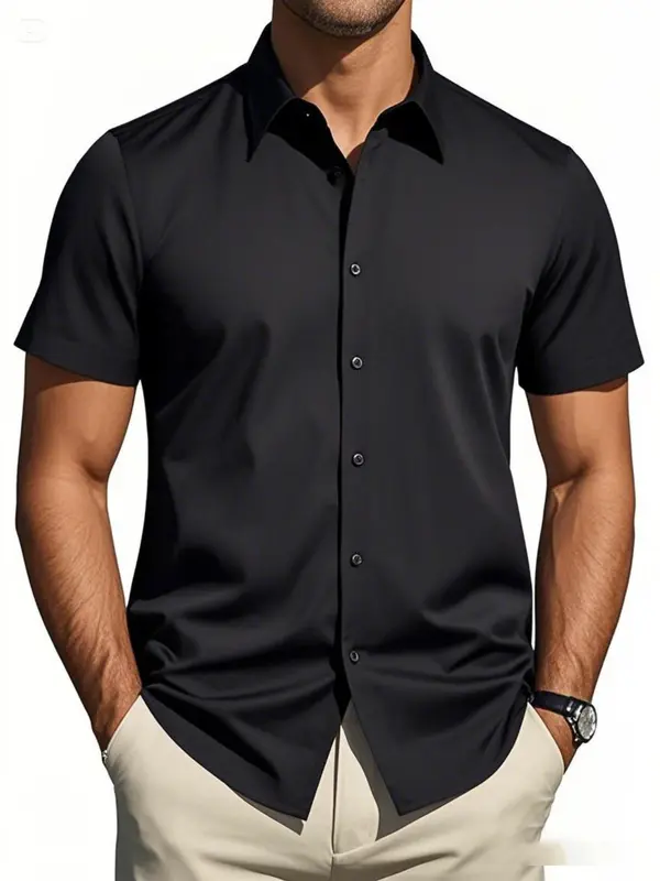 Men's Regular Fit Solid Short Sleeve Shirt, Casual Button Down Collared Top for Summer, Fashion Men's Clothes for Daily Wear 5
