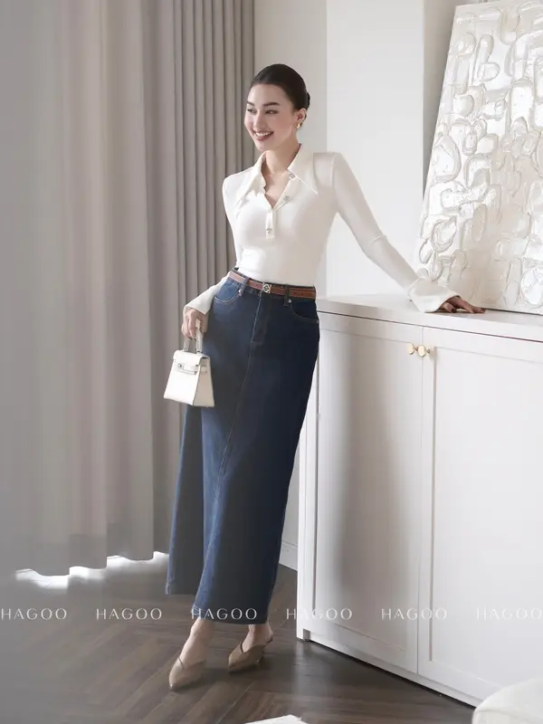 HAGOO chân váy Jeans bò nữ dáng dài chữ A Basic năng động trẻ trung {CV579} Nữ Women Nhung Voi 1