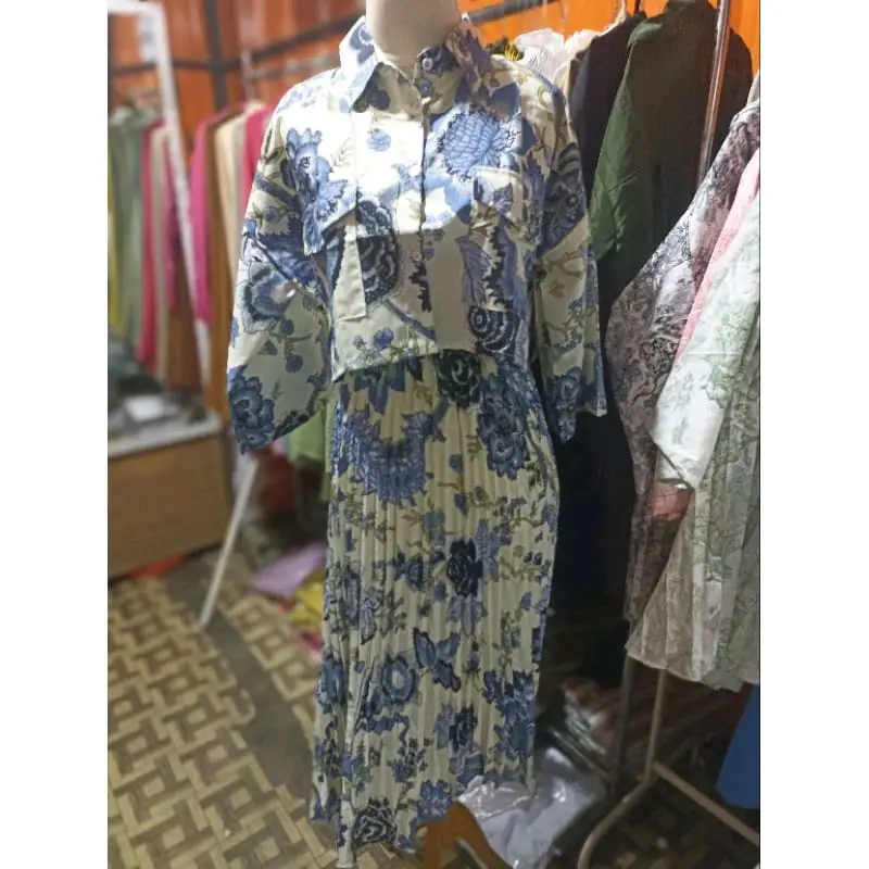 one set Wanita nature Korean vintage kemeja  crop &rok midi plisket Katun Motif Setelan 6