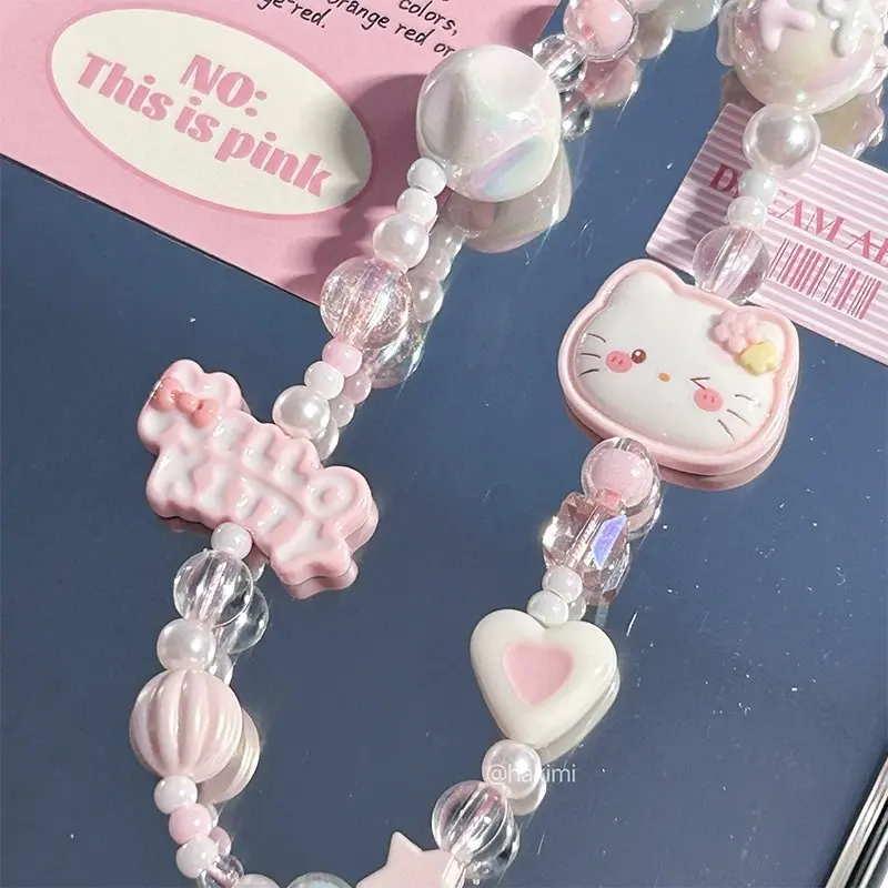 Charm Điện Thoại Di Động Thiết Kế Mèo Kitty Đính Cườm Màu Hồng, Được Vẽ Tay, Dễ Thương Và Mềm Mại, Dây Đeo Buộc Dây Chụp Ảnh CCD Chống Thất Lạc, Đồ Trang Trí Phone 2