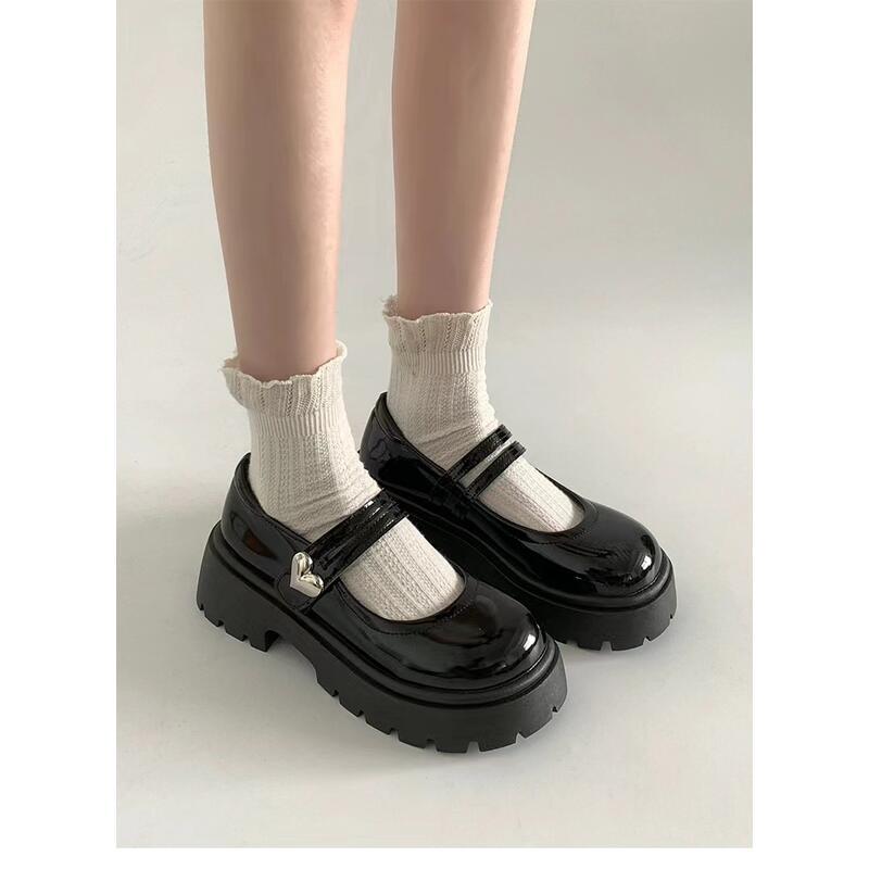 Product Introduction of Black Thick soled Small Leather 2024 Spring and Autumn New Le Fu with One Word Belt Mary Jane British Style Single Shoes for Women Footwear Girl 7