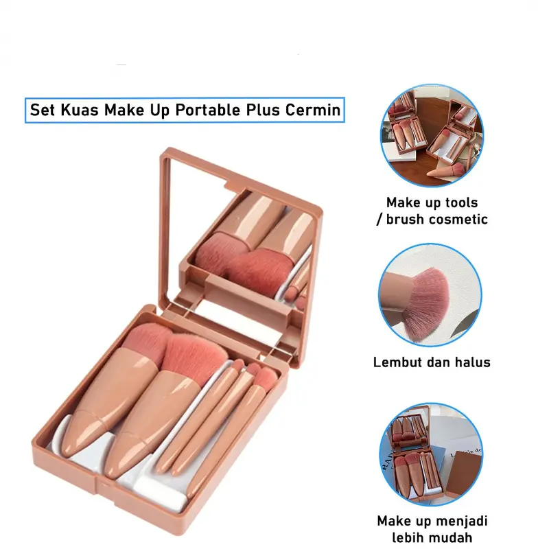 Kuas Make Up Brush isi 5 in 1 Set Box Cermin Kuas Powder Foundation Beauty Tools mini portable travel set 6