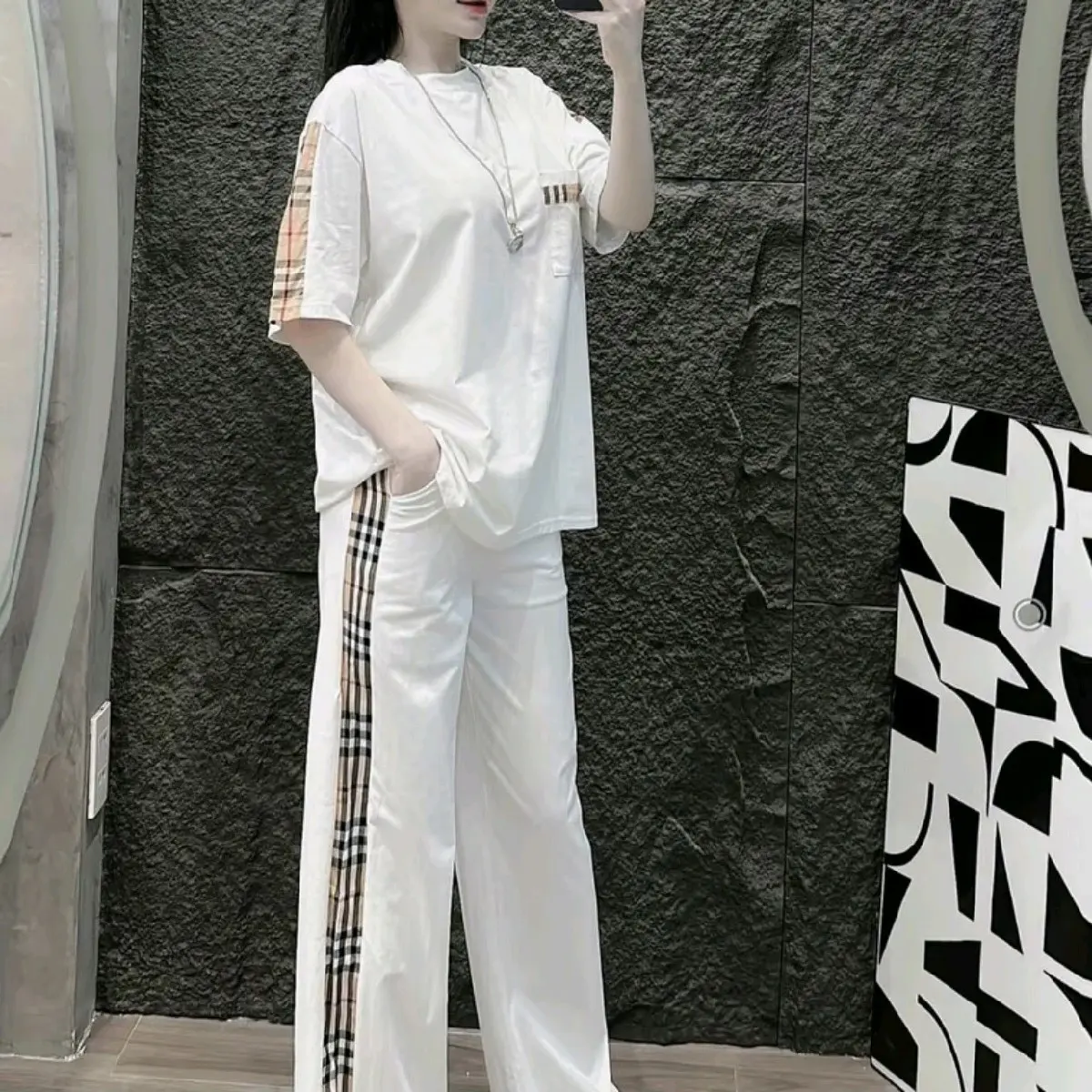 bộ cootton phối sọc  caro năng động cá tính Nữ Áo Women Top Voi Quần Nhung