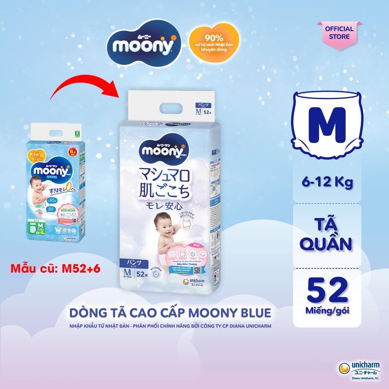 Moony Tã/bỉm quần xanh M52/L44/XL38/XXL26 - Nhập khẩu Nhật Bản (bao bì cũ/mới)