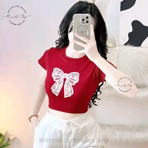 Áo Thun Croptop Borip Ôm Body Nữ Form Basic Cổ Tròn Tay Ngắn Phối 2 Màu Tay Raglan In Hình Nơ To, Kích Cở S M L, Áo Croptop Ôm Body Nữ Áo Kiểu Xinh Đẹp In Hình Độc Lạ Đi Biển Đang Hot 2025 Mặc Hè Mặc Nhà Mặc Đi Chơi Thoải Mái Có Bigsize Đến 65kg