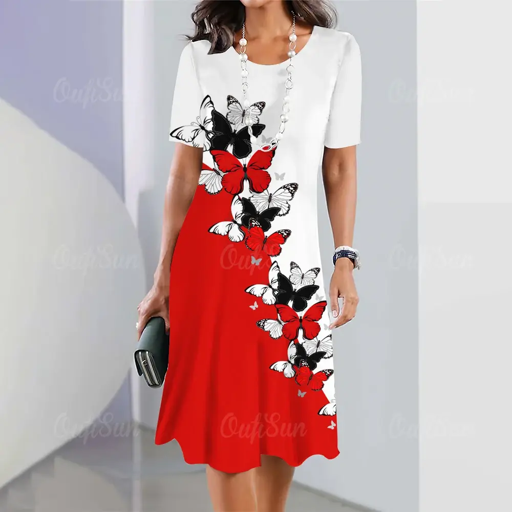 2024 New Women's Dresses Butterfly & Floral Print Elegant Midi Dresses Plus Size Female Summer One-piece Dress Free Shipping