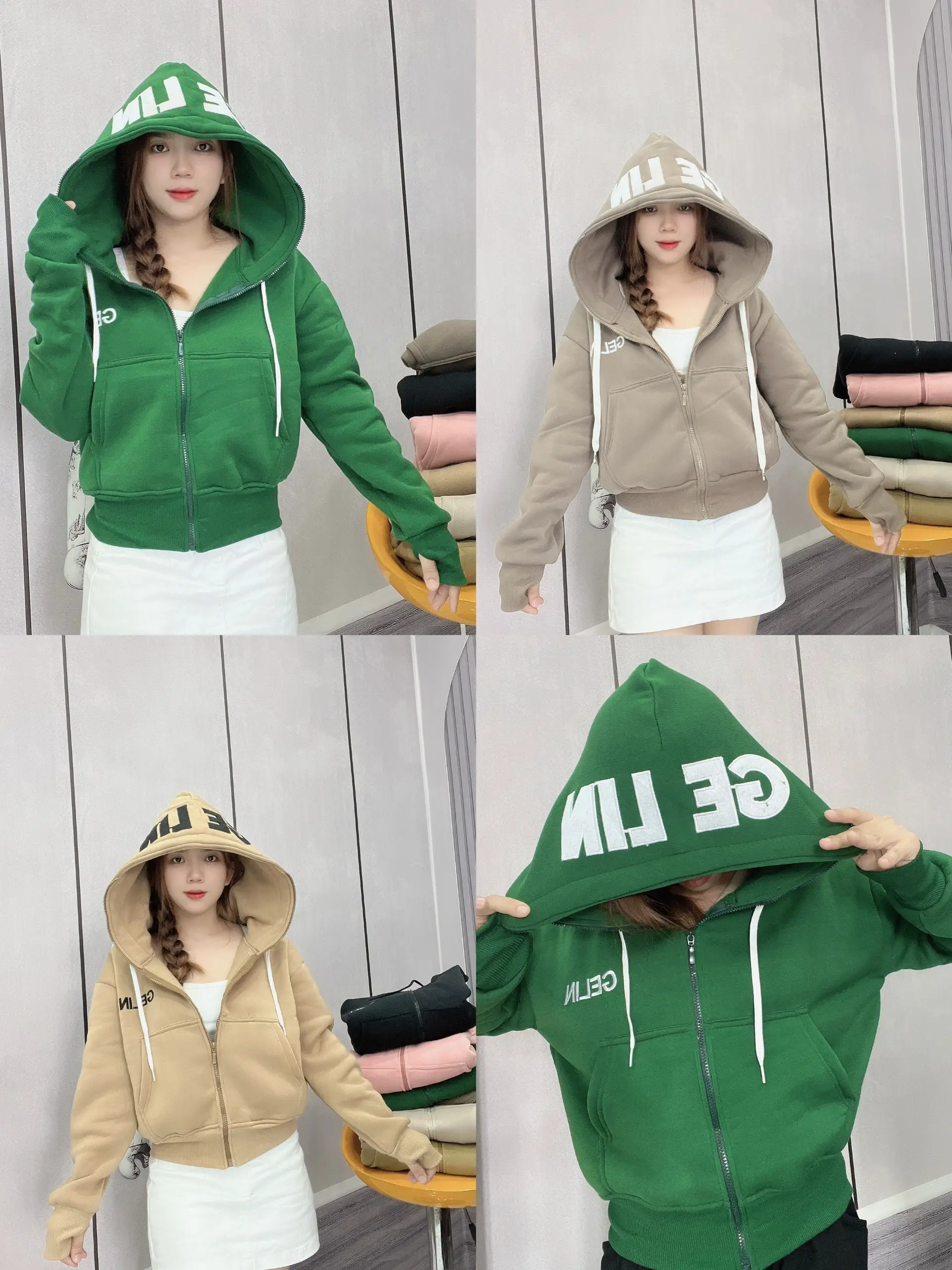 Áo Khoác Nỉ - Áo Khoác Nữ Form Lửng 4 Túi, Nón To, Tay Xỏ Ngón fullsize Dưới 70kg SUSUSHOP Top Hoodie Zíp mã FL21- FL27. Women Có Túi