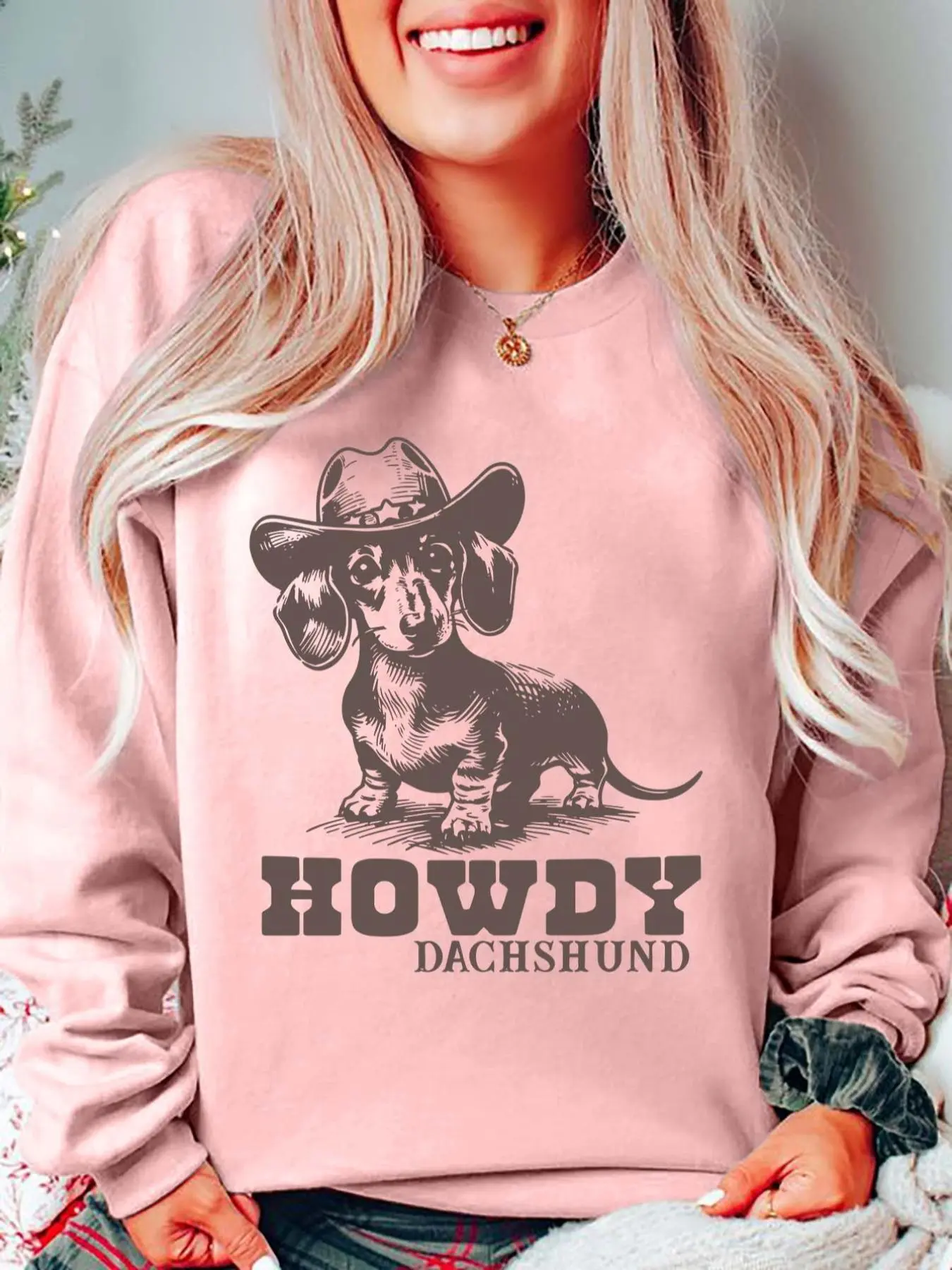 Women's Cartoon Dachshund Dog & Letter Print Round Neck Sweatshirt, Casual Long Sleeve Crew Neck Pullover for Fall & Winter, Women's Clothes for Daily Wear