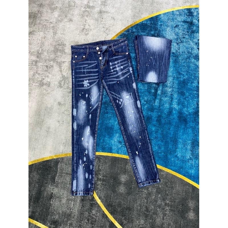 Quần bò jean nam xanh hoạ tiết không rách vẩy sơn