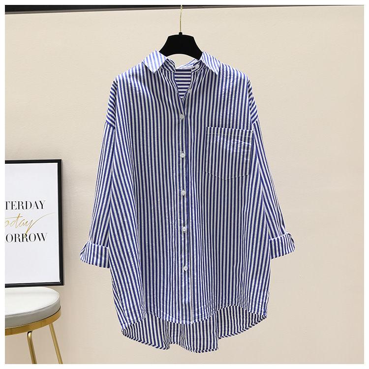Product Introduction of [Frsud] pure cotton striped printed shirt, women's loose, long sleeve, simple casual style, half-length cardigan shirt, suitable for women, new in 2024 XL [211rx royal blue] blouse & shirt 1
