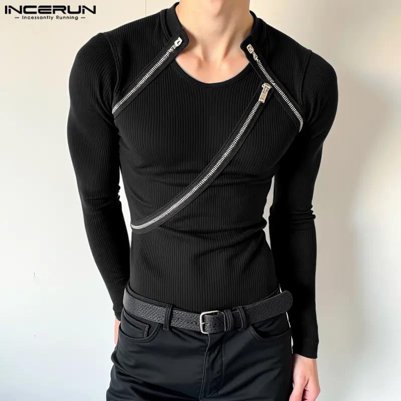 Áo Thun Họa Tiết Thiết Kế Khóa Kéo Deconstructed Cho Nam, INCERUN, Phong Cách Thường Ngày Đi Bộ Thành Phố, Áo Cánh Dài Tay, Phong Cách Hàn Quốc 2