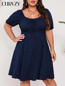 CURVZY Plus Size Solid Tie Front Puff Sleeve Square Neck A Line Dress, Boho Casual Short Sleeve Dress for Summer, Women's Plus Clothing for Daily Wear