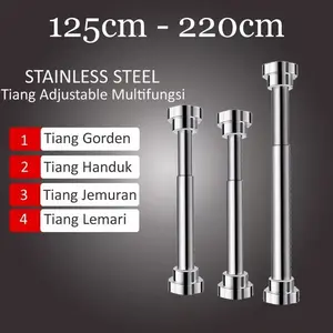 Tiang Gorden Batang Stainles 125-220cm Tirai Fleksible Tanpa Paku Gantungan Serbaguna Teleskopik Gantungan Baju Tongkat pipa ajaib Tiang kolong dapur tongkat kamar mandi tiang tanpa bor