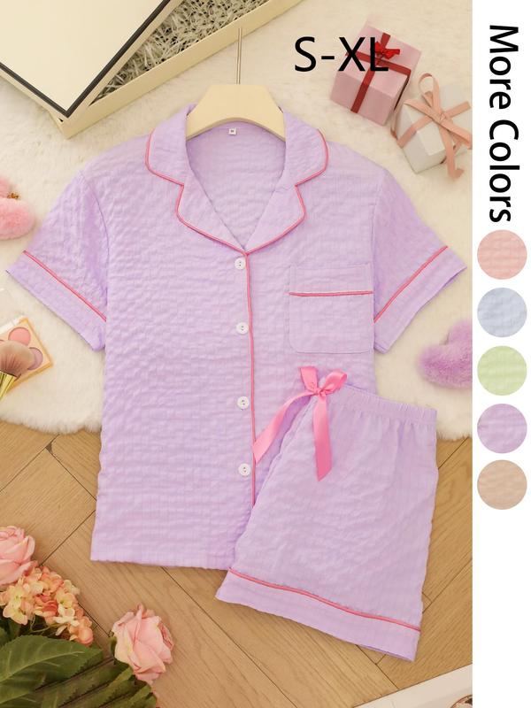 Women's Solid Color Short Sleeve Top & Shorts Pajama Two-piece Set, Casual Comfy Shirt & Shorts PJ Set, Ladies Summer Sleepwear, Loungewear 4