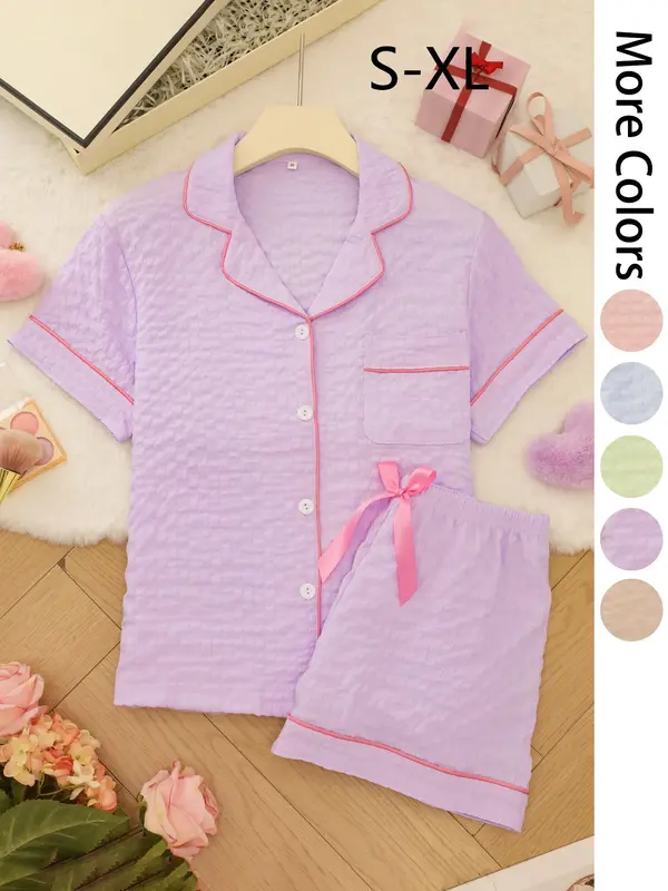 Women's Solid Color Short Sleeve Top & Shorts Pajama Two-piece Set, Casual Comfy Shirt & Shorts PJ Set, Ladies Summer Sleepwear, Loungewear 4