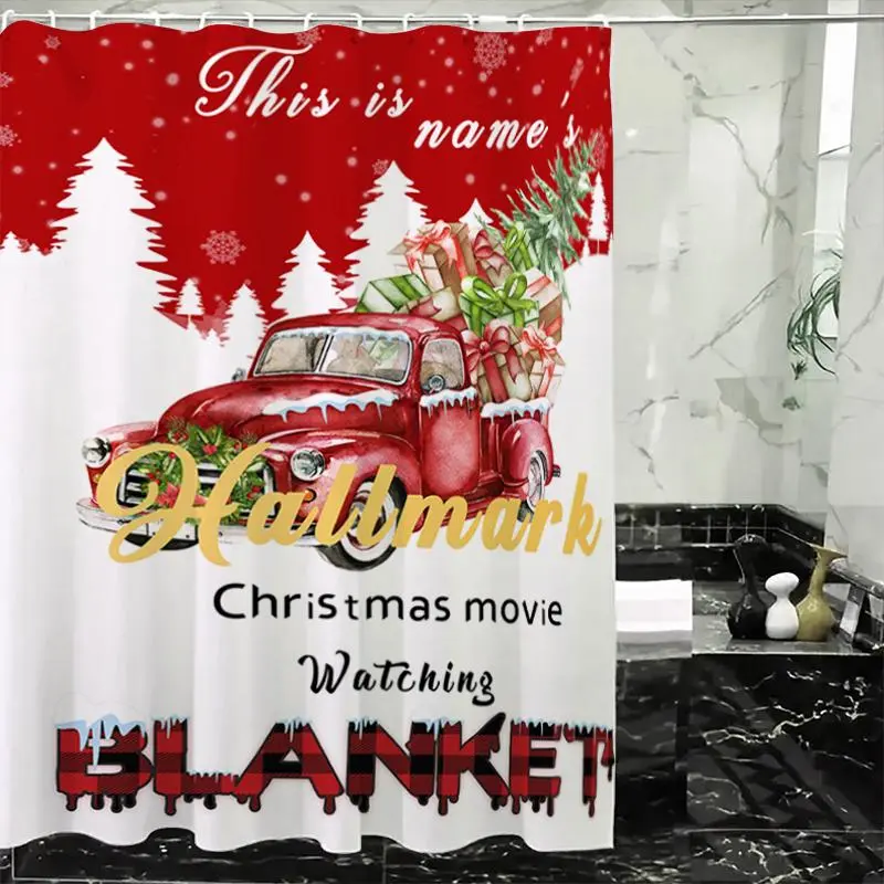 Christmas Themed Car & Tree Pattern Shower Curtain, 1 Count Waterproof Bathroom Curtain with Hooks, Bathroom Decor Supplies for Home Hotel Salon Dormitory 4
