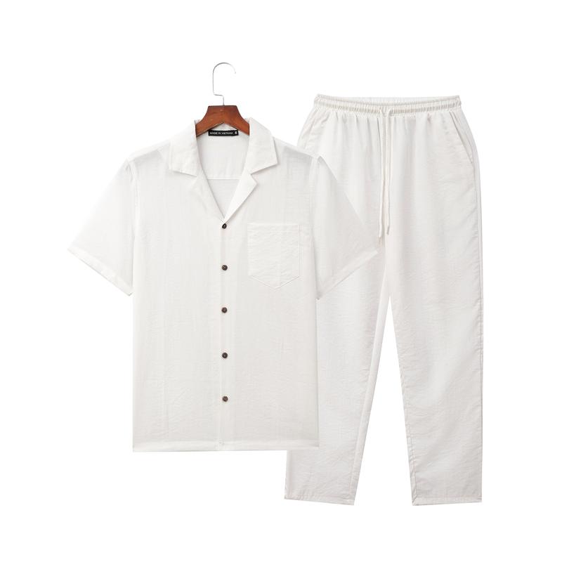 Bộ Đũi Nam Áo Cổ Vest Tay Ngắn Quần Dài Đũi Mát Nhẹ Thấm Hút Mồ Hôi Nhanh