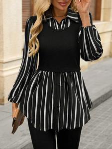 Camisa casual de corte ajustado a rayas con parches de manga larga para mujer, ropa de abrigo linda para otoño invierno, top de moda para damas para uso diario