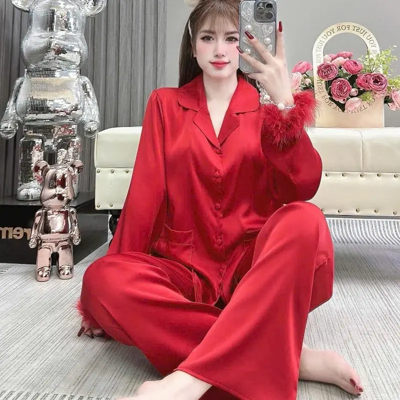 TAY LÔNG VŨ, (40-60Kg và 60-75Kg), Đồ Bộ Nữ, Tay Dài Quần Dài, In Họa Tiết Trơn Viền Tua Rua, Chấy Vải Lụa Mịn, Mềm, Mát 4